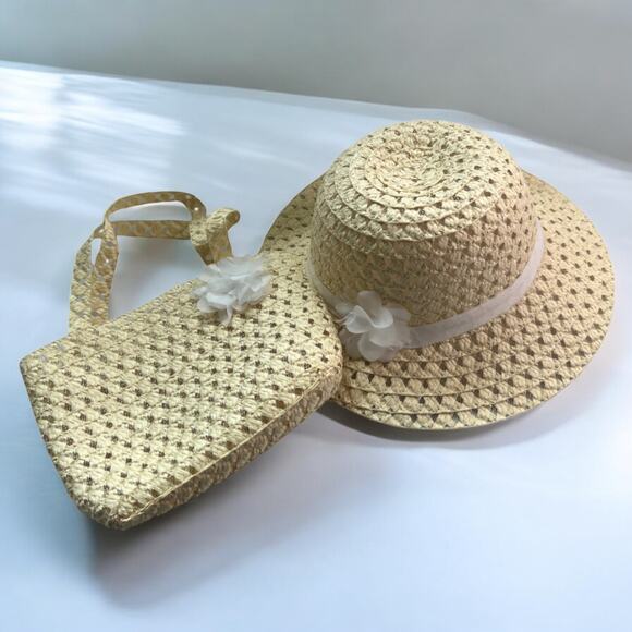 Girls Sun Hat And Purse Wheat Woven Straw With Spring Flower Details Dress Up - Picture 1 of 8